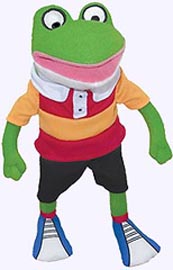 11 in. Froggy Plush Doll wearing red and orange stripe shirt
